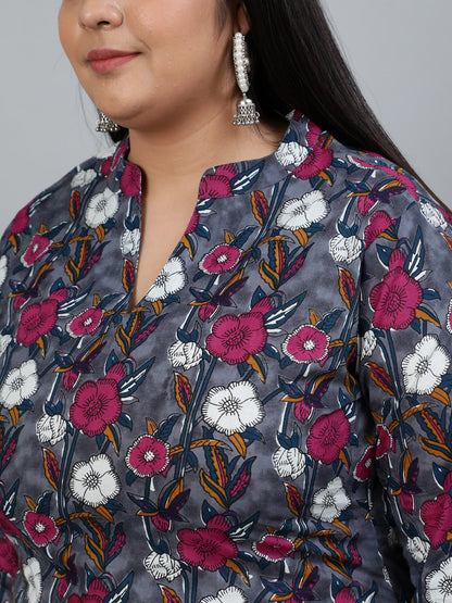 Plus Size Women Grey Printed Straight Kurta With Palazo & Dupatta | LASVINI - Redefining Indian Fashion with Elegance