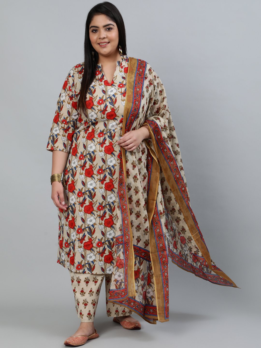Plus Size Women Cream Printed Straight Kurta With Palazo & Dupatta | LASVINI - Redefining Indian Fashion with Elegance