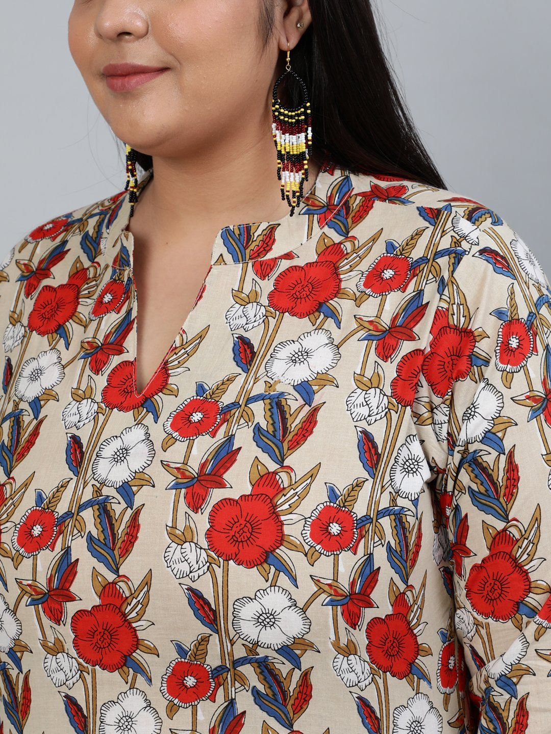 Plus Size Women Cream Printed Straight Kurta With Palazo & Dupatta | LASVINI - Redefining Indian Fashion with Elegance