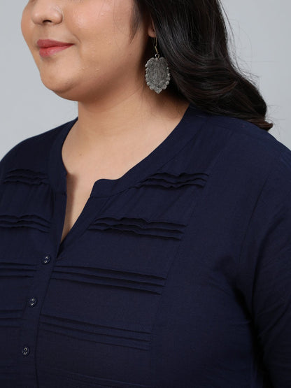 Plus Size Women Navy Blue Pleated Tunic With Three Quarter Sleeves | LASVINI - Redefining Indian Fashion with Elegance