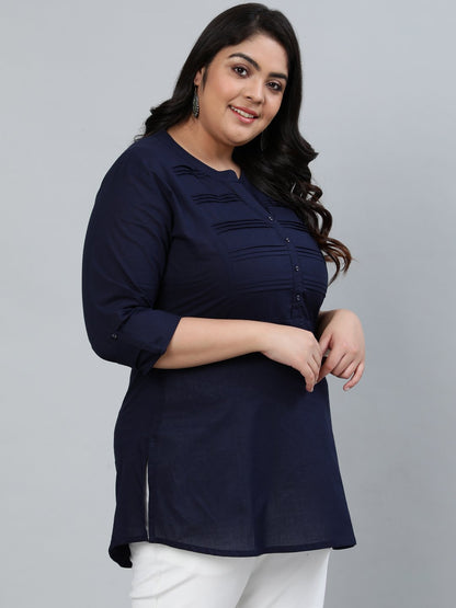 Plus Size Women Navy Blue Pleated Tunic With Three Quarter Sleeves | LASVINI - Redefining Indian Fashion with Elegance