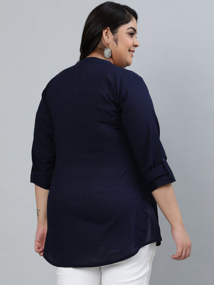 Plus Size Women Navy Blue Pleated Tunic With Three Quarter Sleeves | LASVINI - Redefining Indian Fashion with Elegance