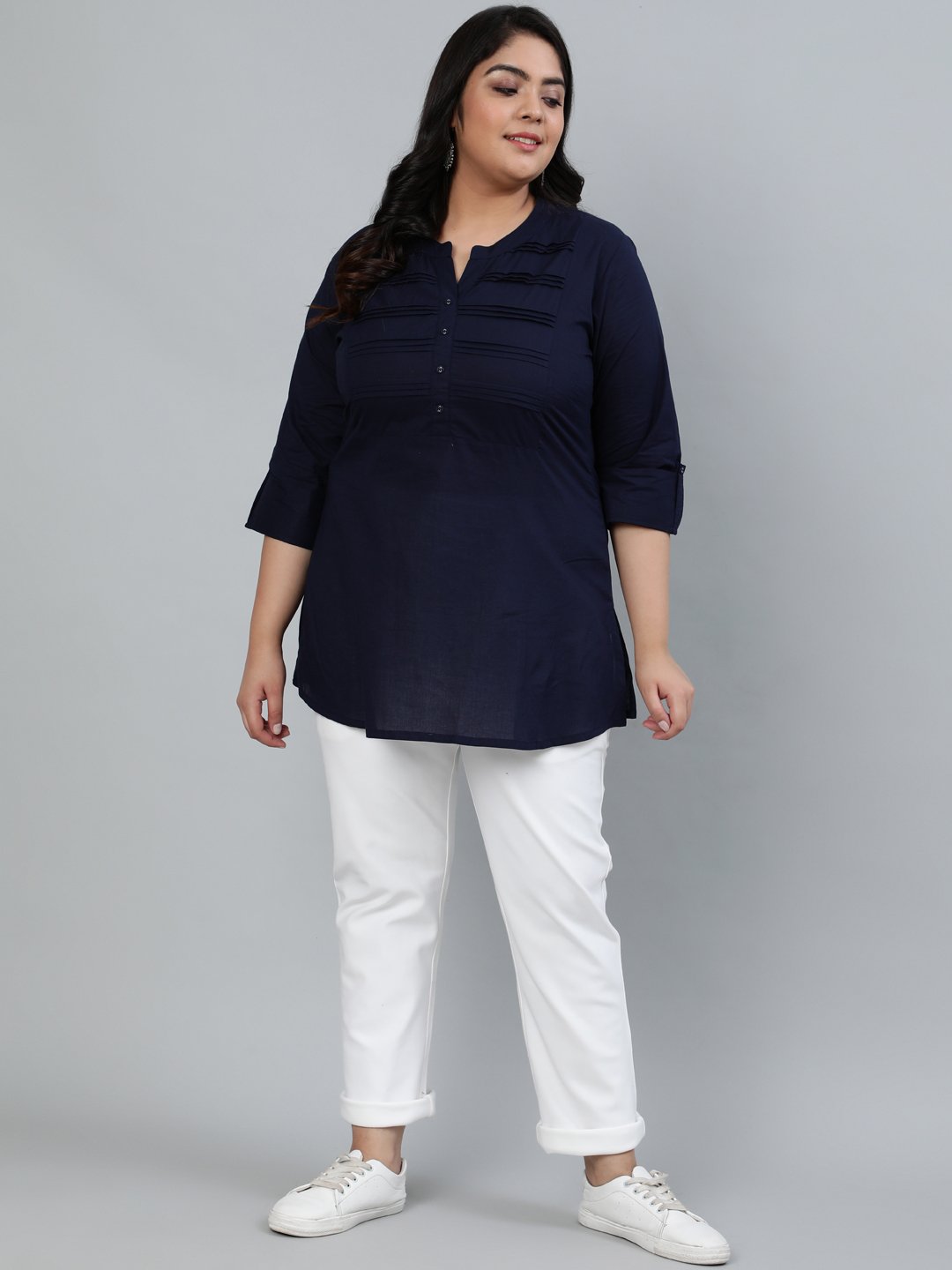 Plus Size Women Navy Blue Pleated Tunic With Three Quarter Sleeves | LASVINI - Redefining Indian Fashion with Elegance