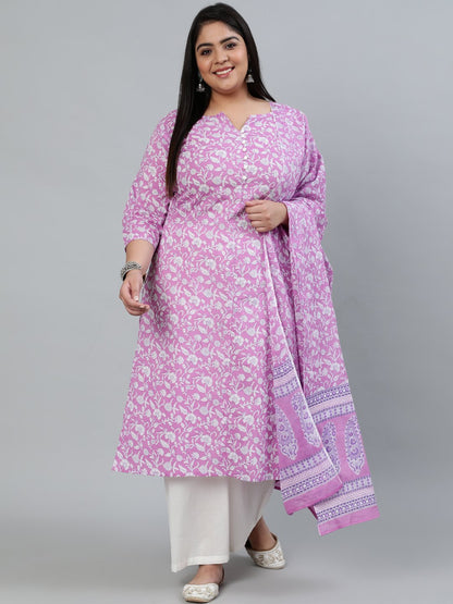 Plus Size Women Purple Printed Straight Kurta With Palazo & Dupatta | LASVINI - Redefining Indian Fashion with Elegance