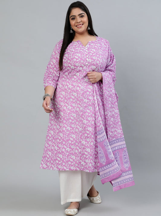 Plus Size Women Purple Printed Straight Kurta With Palazo & Dupatta | LASVINI - Redefining Indian Fashion with Elegance