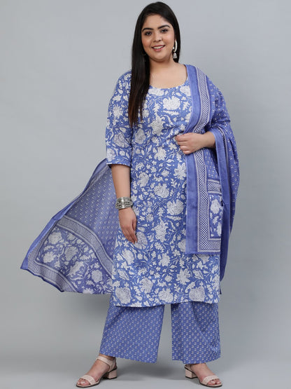 Plus Size Women Purple Printed Straight Kurta With Palazo & Dupatta | LASVINI - Redefining Indian Fashion with Elegance