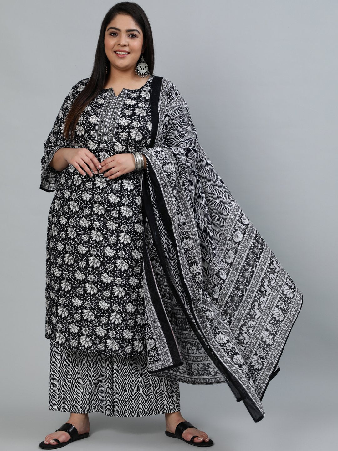 Plus Size Women Black Printed Straight Kurta With Palazo & Dupatta | LASVINI - Redefining Indian Fashion with Elegance
