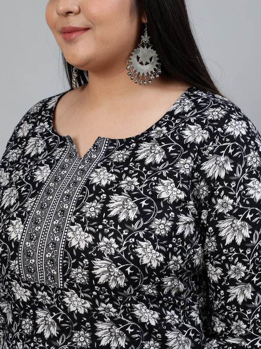 Plus Size Women Black Printed Straight Kurta With Palazo & Dupatta | LASVINI - Redefining Indian Fashion with Elegance