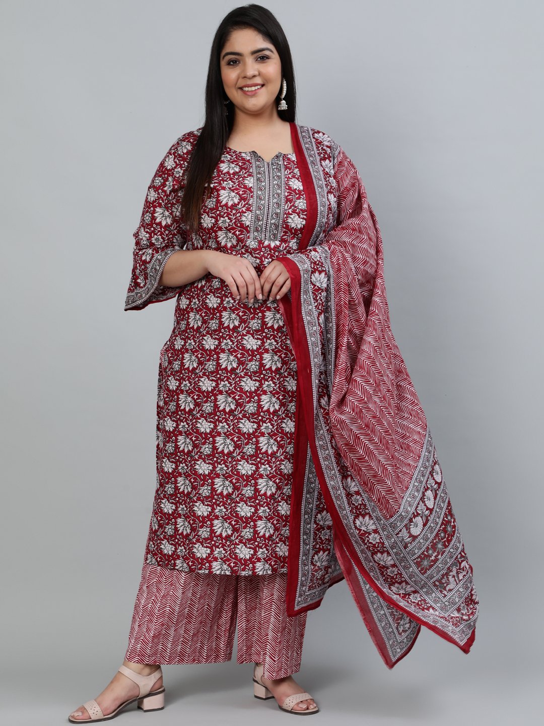 Plus Size Women Red Printed Straight Kurta With Palazo & Dupatta | LASVINI - Redefining Indian Fashion with Elegance
