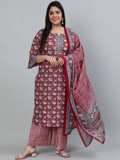 Plus Size Women Red Printed Straight Kurta With Palazo & Dupatta | LASVINI - Redefining Indian Fashion with Elegance