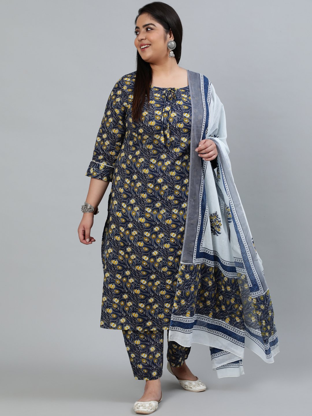 Plus Size Women Grey Printed Straight Kurta With Trouser & Dupatta | LASVINI - Redefining Indian Fashion with Elegance