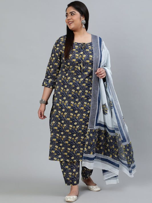 Plus Size Women Grey Printed Straight Kurta With Trouser & Dupatta | LASVINI - Redefining Indian Fashion with Elegance