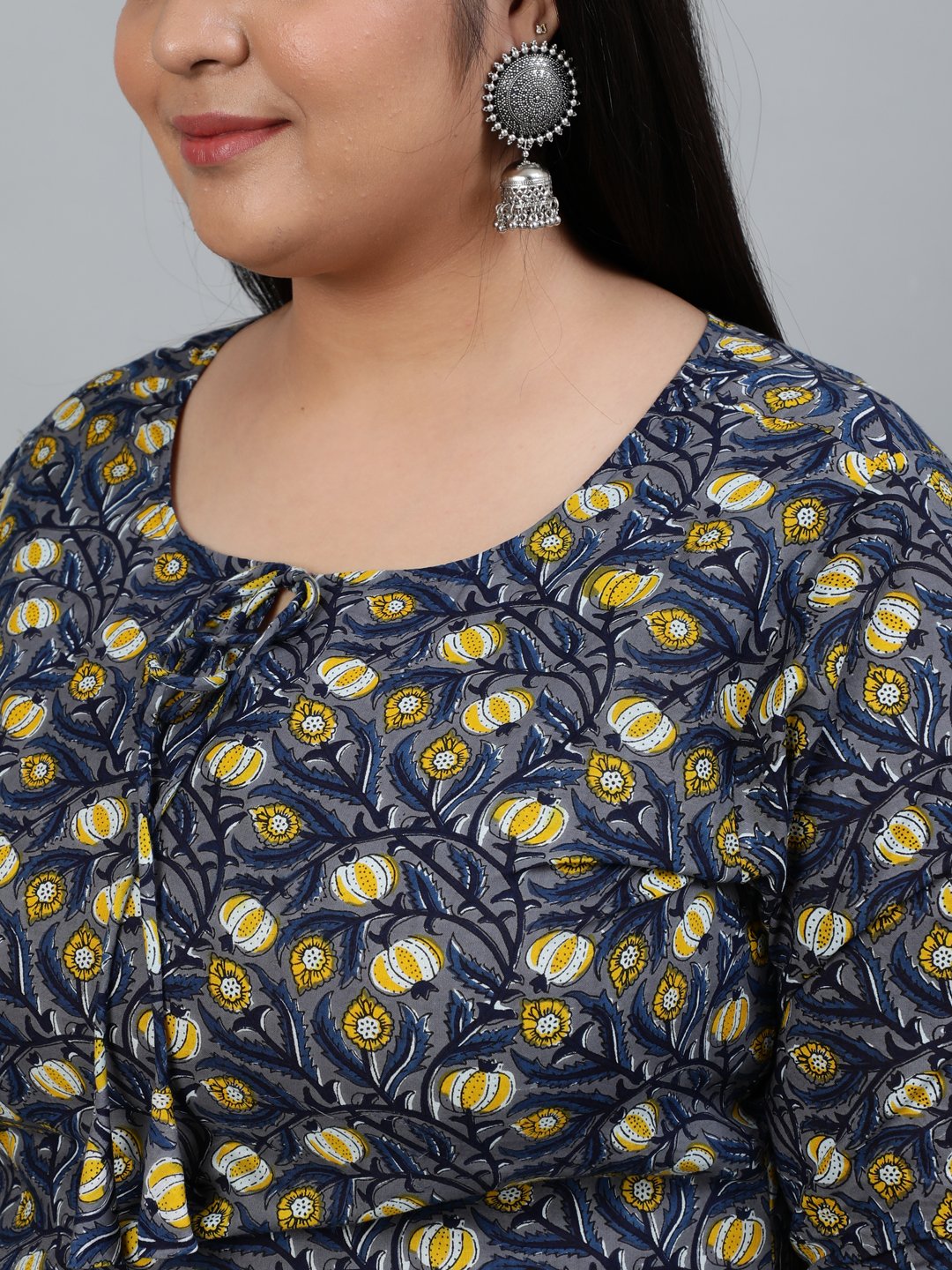 Plus Size Women Grey Printed Straight Kurta With Trouser & Dupatta | LASVINI - Redefining Indian Fashion with Elegance