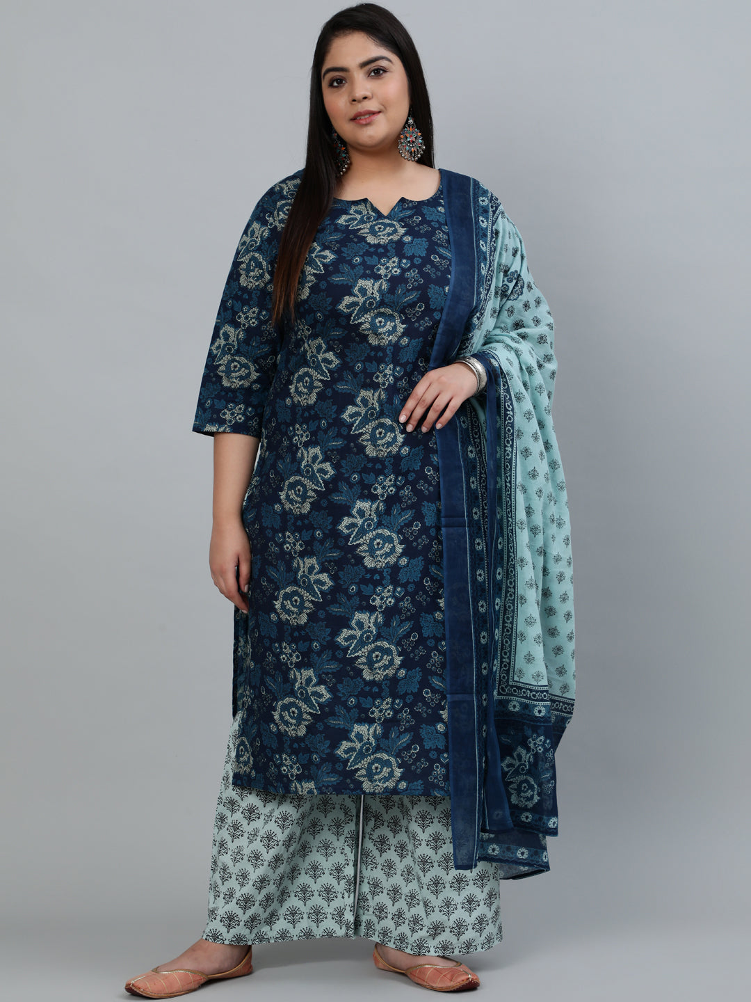Women Blue Printed Straight Kurta With Plazzo & Dupatta | LASVINI - Redefining Indian Fashion with Elegance