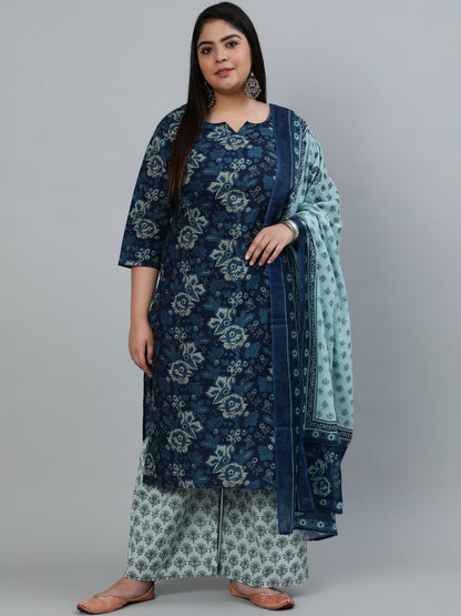 Women Blue Printed Straight Kurta With Plazzo & Dupatta | LASVINI - Redefining Indian Fashion with Elegance