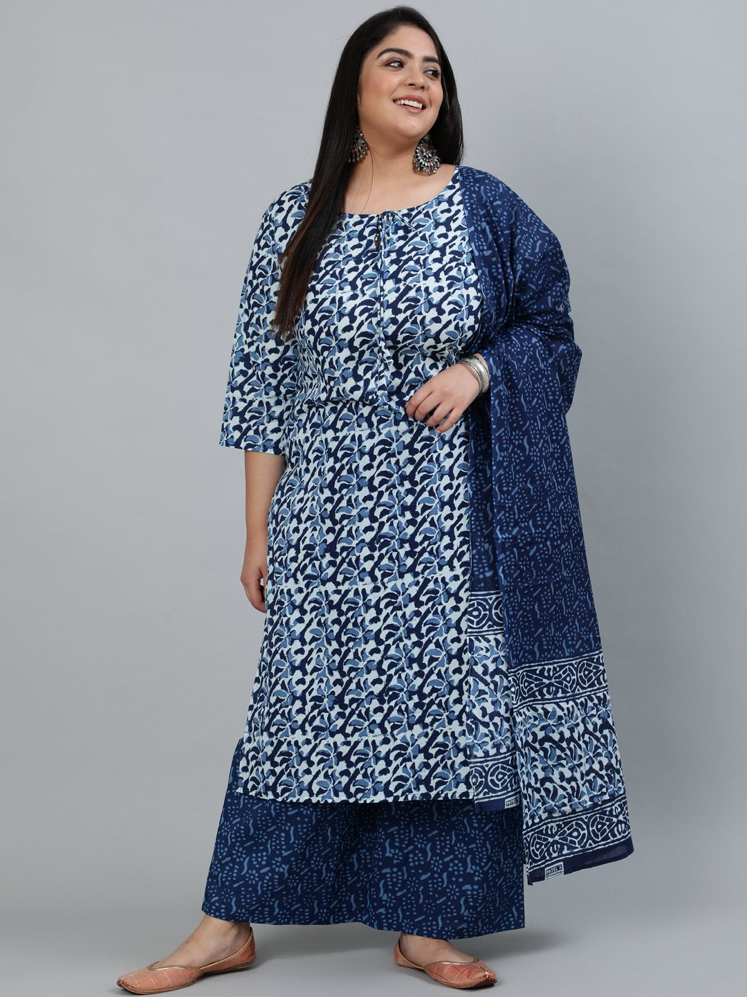 Plus Size Women Blue Printed Straight Kurta With Palazo & Dupatta | LASVINI - Redefining Indian Fashion with Elegance