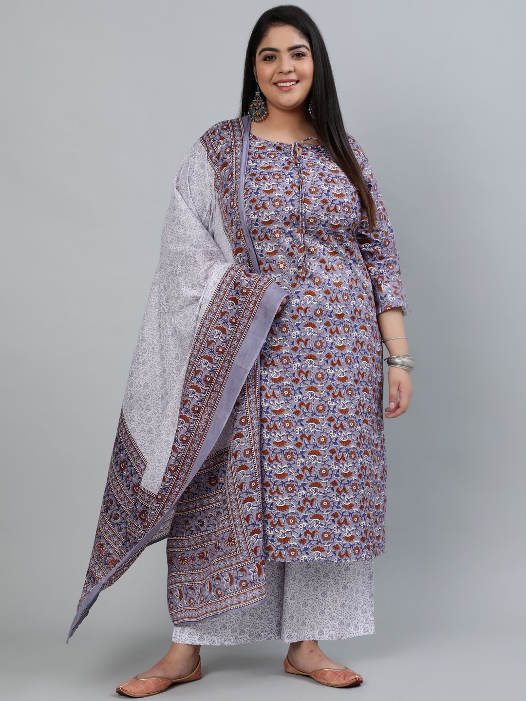 Plus Size Women Grey Printed Straight Kurta With Palazo & Dupatta | LASVINI - Redefining Indian Fashion with Elegance