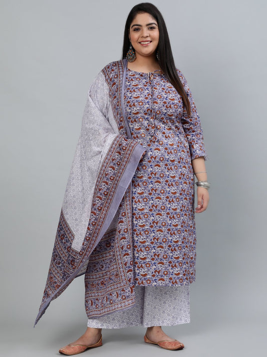 Plus Size Women Grey Printed Straight Kurta With Palazo & Dupatta | LASVINI - Redefining Indian Fashion with Elegance