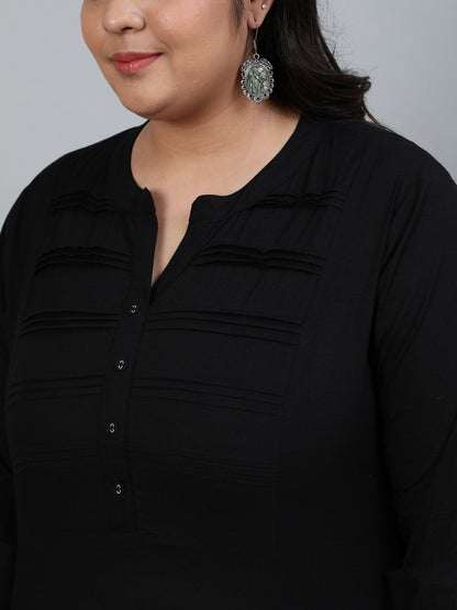 Plus Size Women Black Pleated Tunic With Three Quarter Sleeves | LASVINI - Redefining Indian Fashion with Elegance