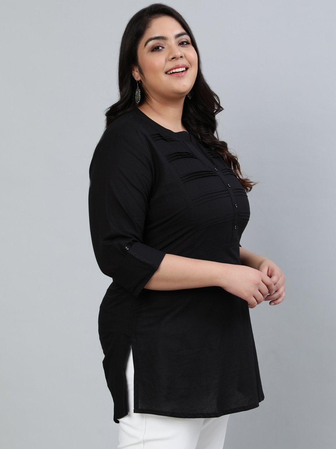 Plus Size Women Black Pleated Tunic With Three Quarter Sleeves | LASVINI - Redefining Indian Fashion with Elegance