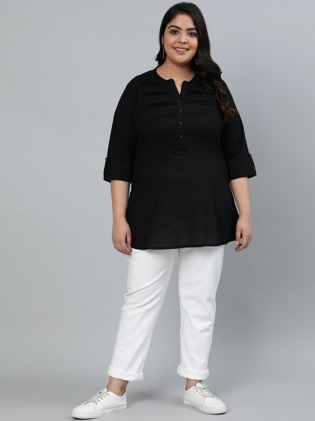 Plus Size Women Black Pleated Tunic With Three Quarter Sleeves | LASVINI - Redefining Indian Fashion with Elegance