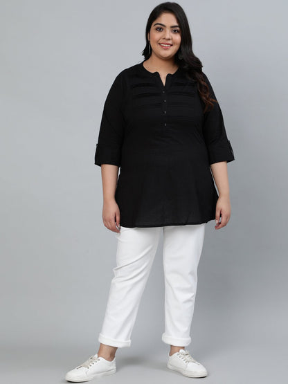 Plus Size Women Black Pleated Tunic With Three Quarter Sleeves | LASVINI - Redefining Indian Fashion with Elegance
