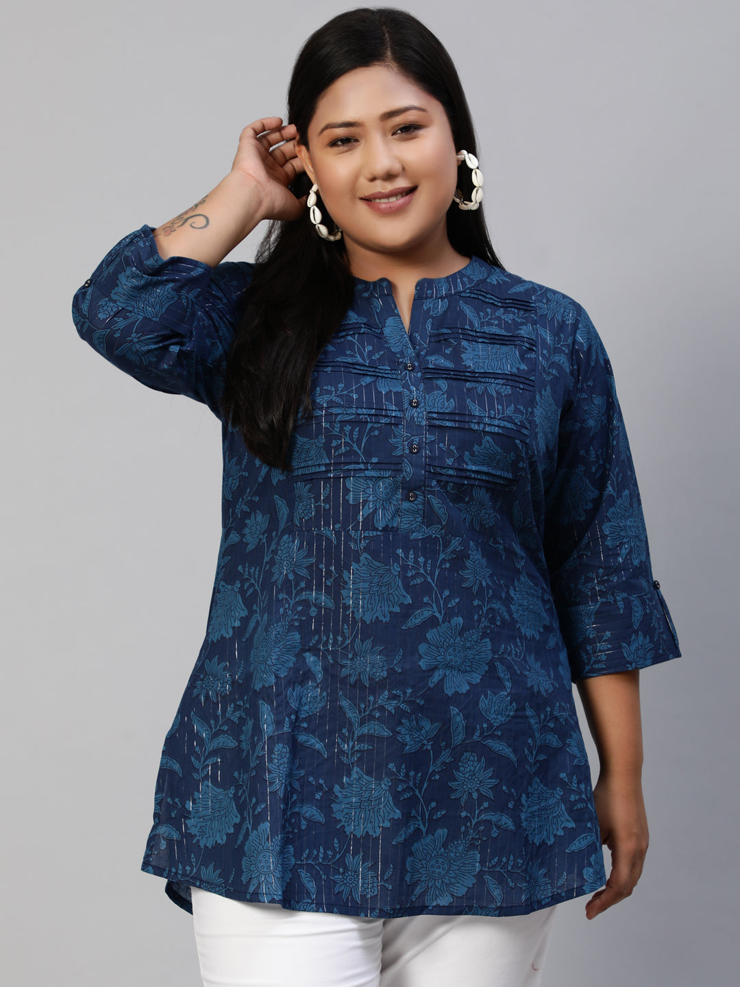 Women Navy Blue Printed Tunic With Three Quarter Sleeves | LASVINI - Redefining Indian Fashion with Elegance