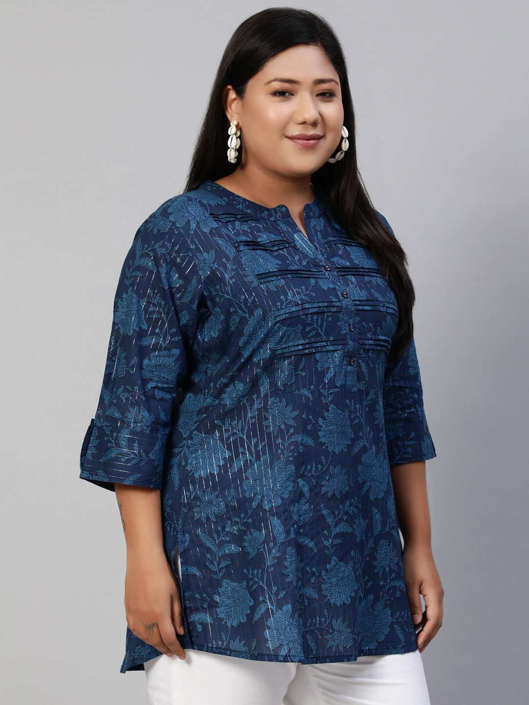 Women Navy Blue Printed Tunic With Three Quarter Sleeves | LASVINI - Redefining Indian Fashion with Elegance