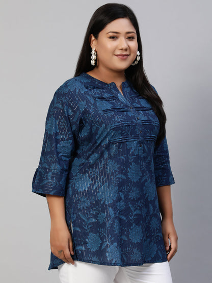 Women Navy Blue Printed Tunic With Three Quarter Sleeves | LASVINI - Redefining Indian Fashion with Elegance
