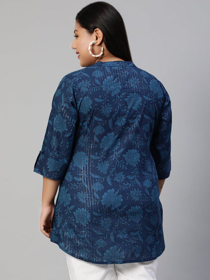 Women Navy Blue Printed Tunic With Three Quarter Sleeves | LASVINI - Redefining Indian Fashion with Elegance