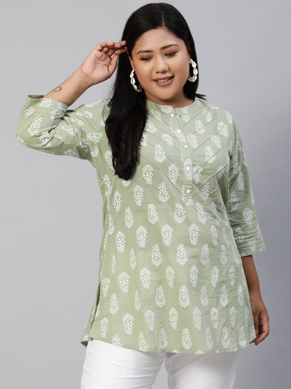 Women Sage Green Printed Tunic With Three Quarter Sleeves | LASVINI - Redefining Indian Fashion with Elegance