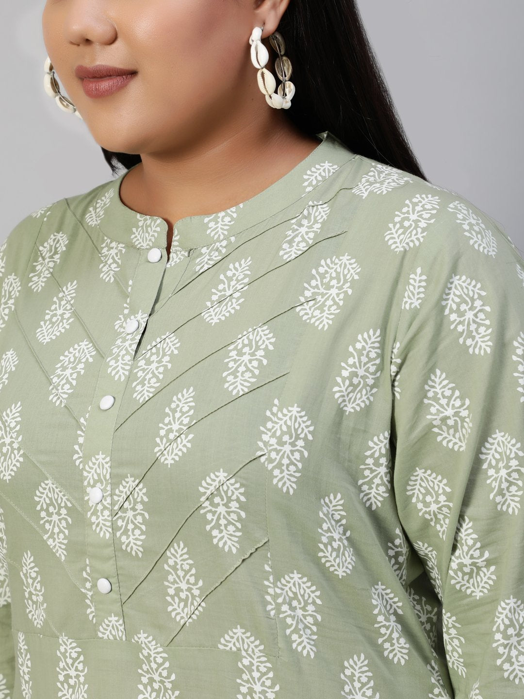 Women Sage Green Printed Tunic With Three Quarter Sleeves | LASVINI - Redefining Indian Fashion with Elegance