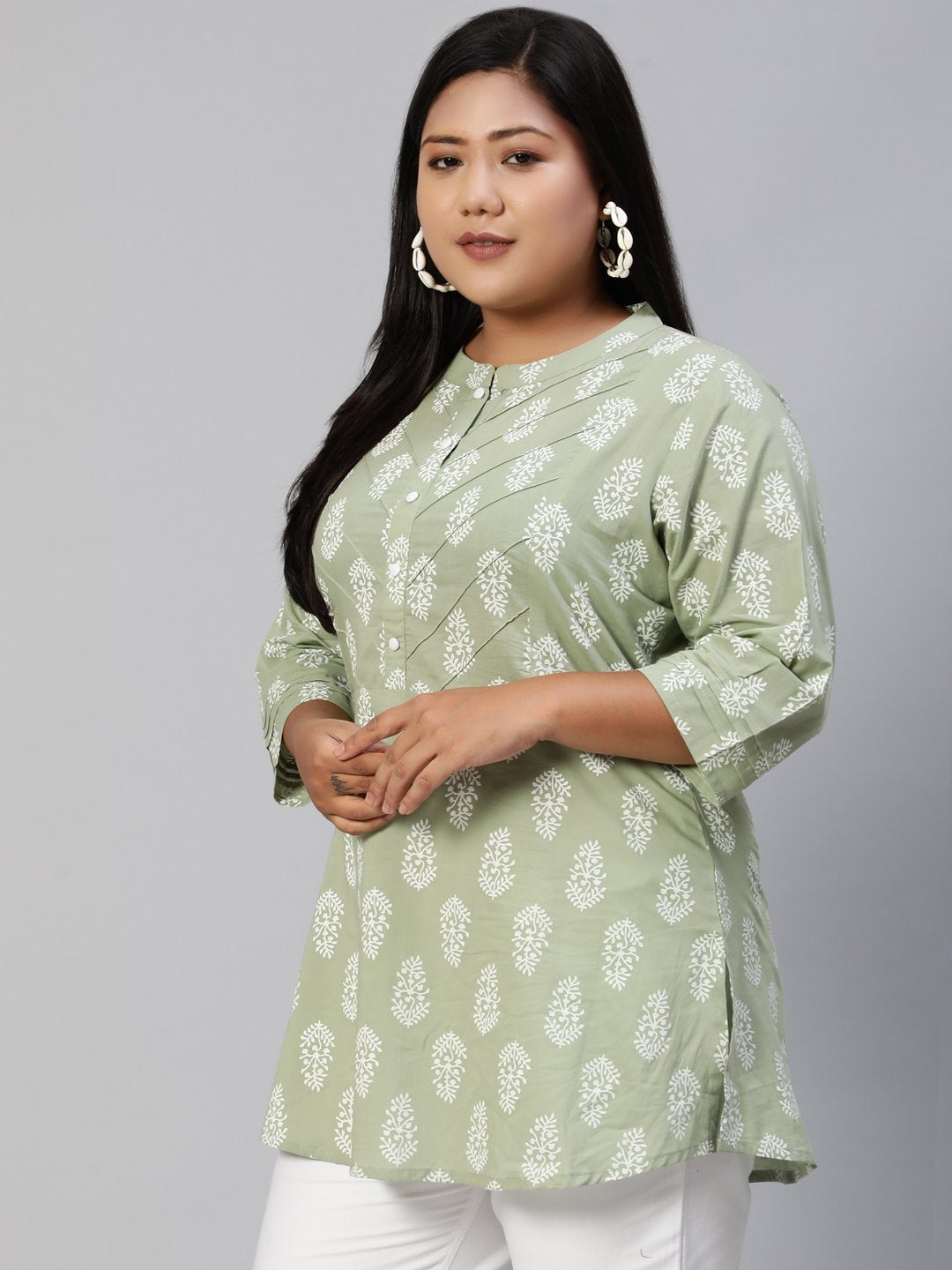 Women Sage Green Printed Tunic With Three Quarter Sleeves | LASVINI - Redefining Indian Fashion with Elegance