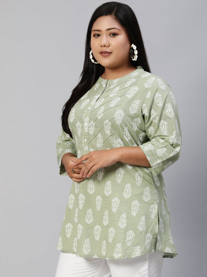 Women Sage Green Printed Tunic With Three Quarter Sleeves | LASVINI - Redefining Indian Fashion with Elegance
