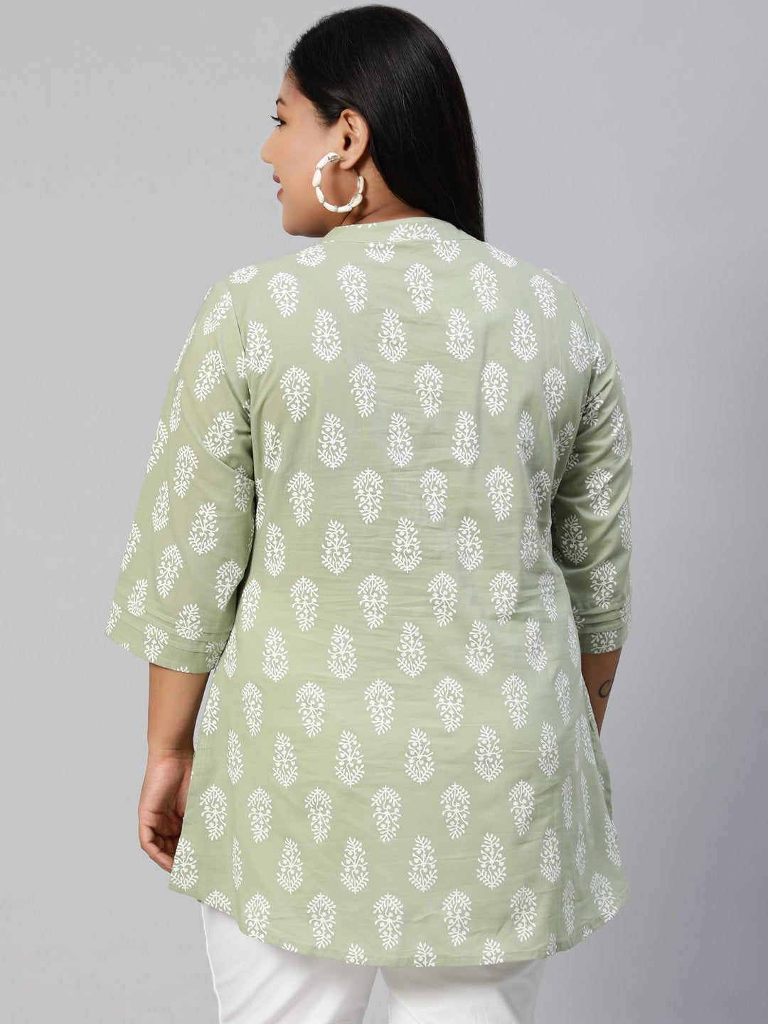 Women Sage Green Printed Tunic With Three Quarter Sleeves | LASVINI - Redefining Indian Fashion with Elegance