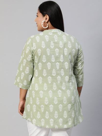 Women Sage Green Printed Tunic With Three Quarter Sleeves | LASVINI - Redefining Indian Fashion with Elegance