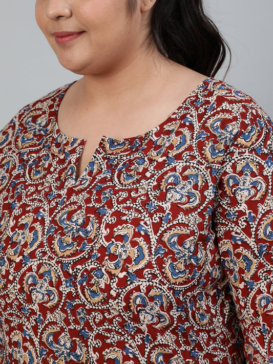 Plus Size Women Maroon Printed Night Suit With Three Quarters Flared Sleeves | LASVINI - Redefining Indian Fashion with Elegance