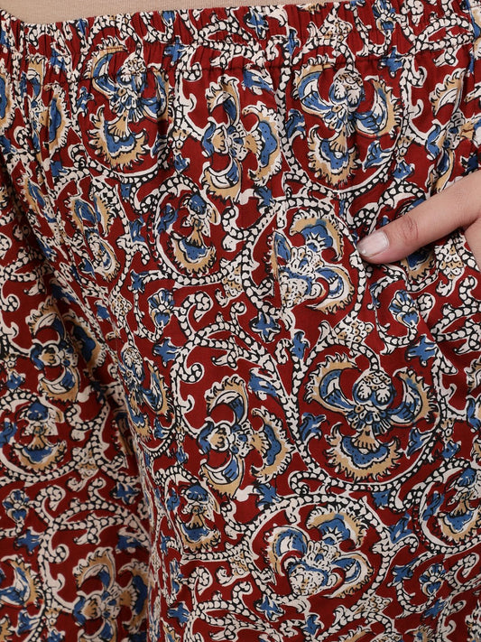 Plus Size Women Maroon Printed Night Suit With Three Quarters Flared Sleeves | LASVINI - Redefining Indian Fashion with Elegance