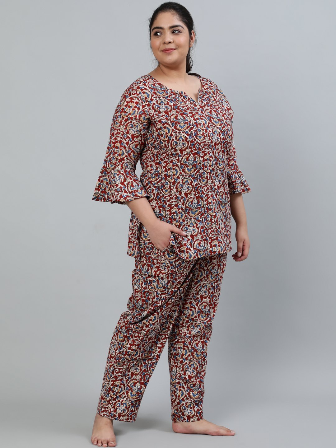 Plus Size Women Maroon Printed Night Suit With Three Quarters Flared Sleeves | LASVINI - Redefining Indian Fashion with Elegance