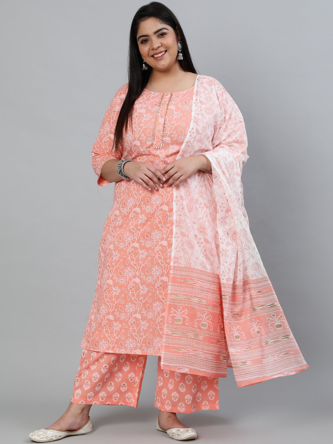Plus Size Women Peach & Gold Printed Straight Kurta With Palazo & Dupatta | LASVINI - Redefining Indian Fashion with Elegance
