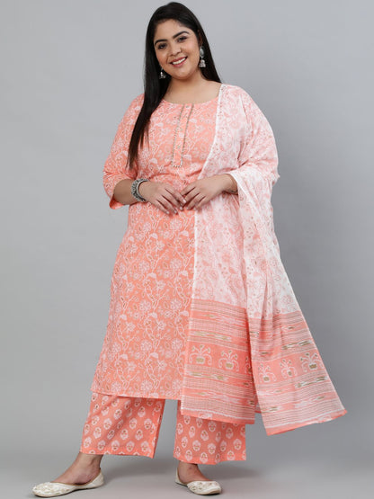 Plus Size Women Peach & Gold Printed Straight Kurta With Palazo & Dupatta | LASVINI - Redefining Indian Fashion with Elegance