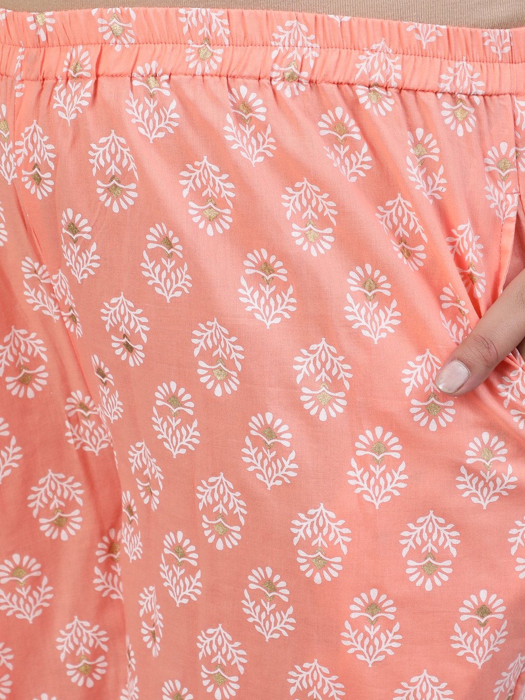 Plus Size Women Peach & Gold Printed Straight Kurta With Palazo & Dupatta | LASVINI - Redefining Indian Fashion with Elegance