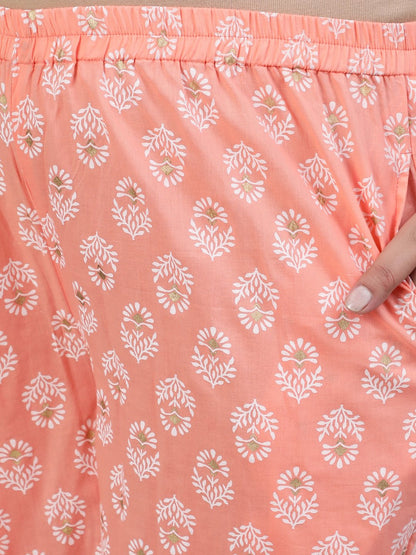 Plus Size Women Peach & Gold Printed Straight Kurta With Palazo & Dupatta | LASVINI - Redefining Indian Fashion with Elegance