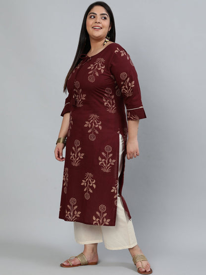 Plus Size Women Brown & Gold Printed Straight Kurta With Palazo & Dupatta | LASVINI - Redefining Indian Fashion with Elegance