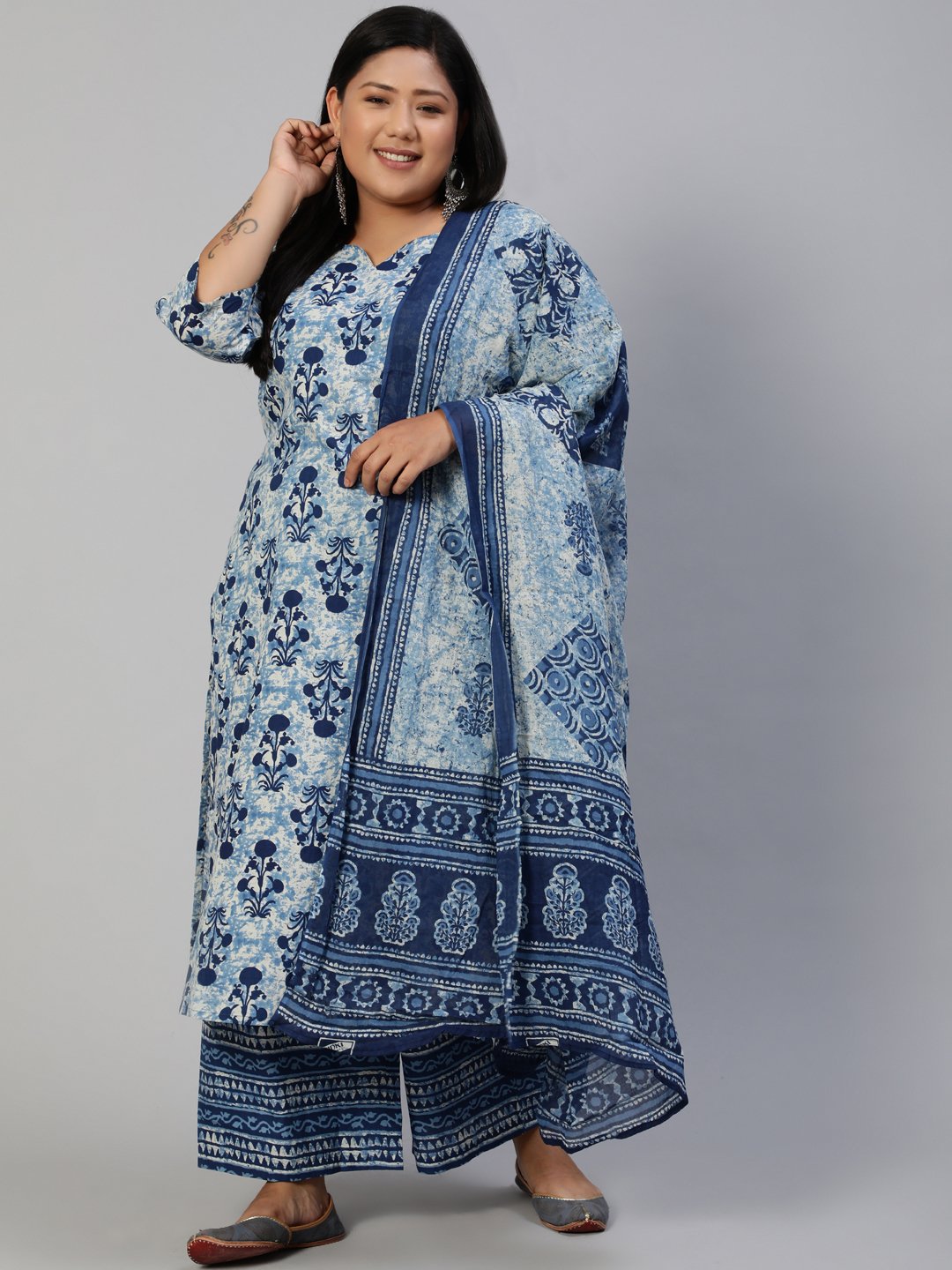 Women Blue Printed Straight Kurta With Plazo & Dupatta | LASVINI - Redefining Indian Fashion with Elegance
