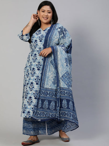 Women Blue Printed Straight Kurta With Plazo & Dupatta | LASVINI - Redefining Indian Fashion with Elegance