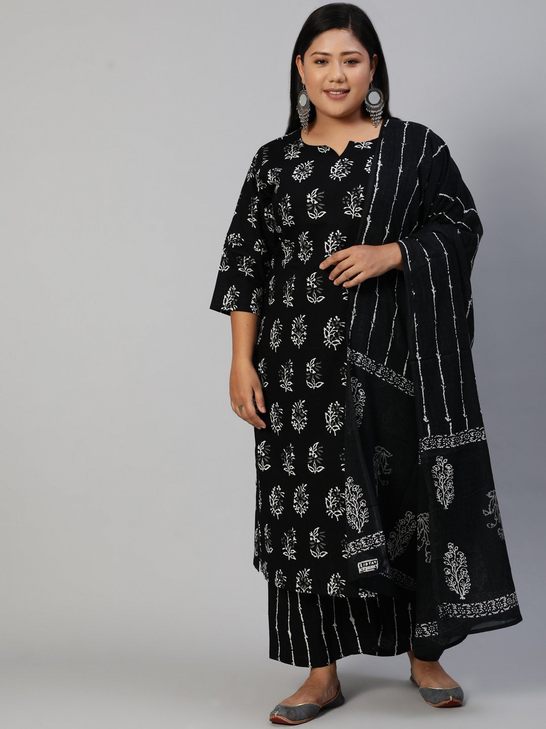 Women Black Printed Straight Kurta With Plazo & Dupatta | LASVINI - Redefining Indian Fashion with Elegance