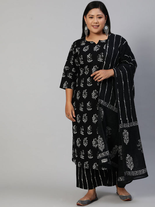 Women Black Printed Straight Kurta With Plazo & Dupatta | LASVINI - Redefining Indian Fashion with Elegance