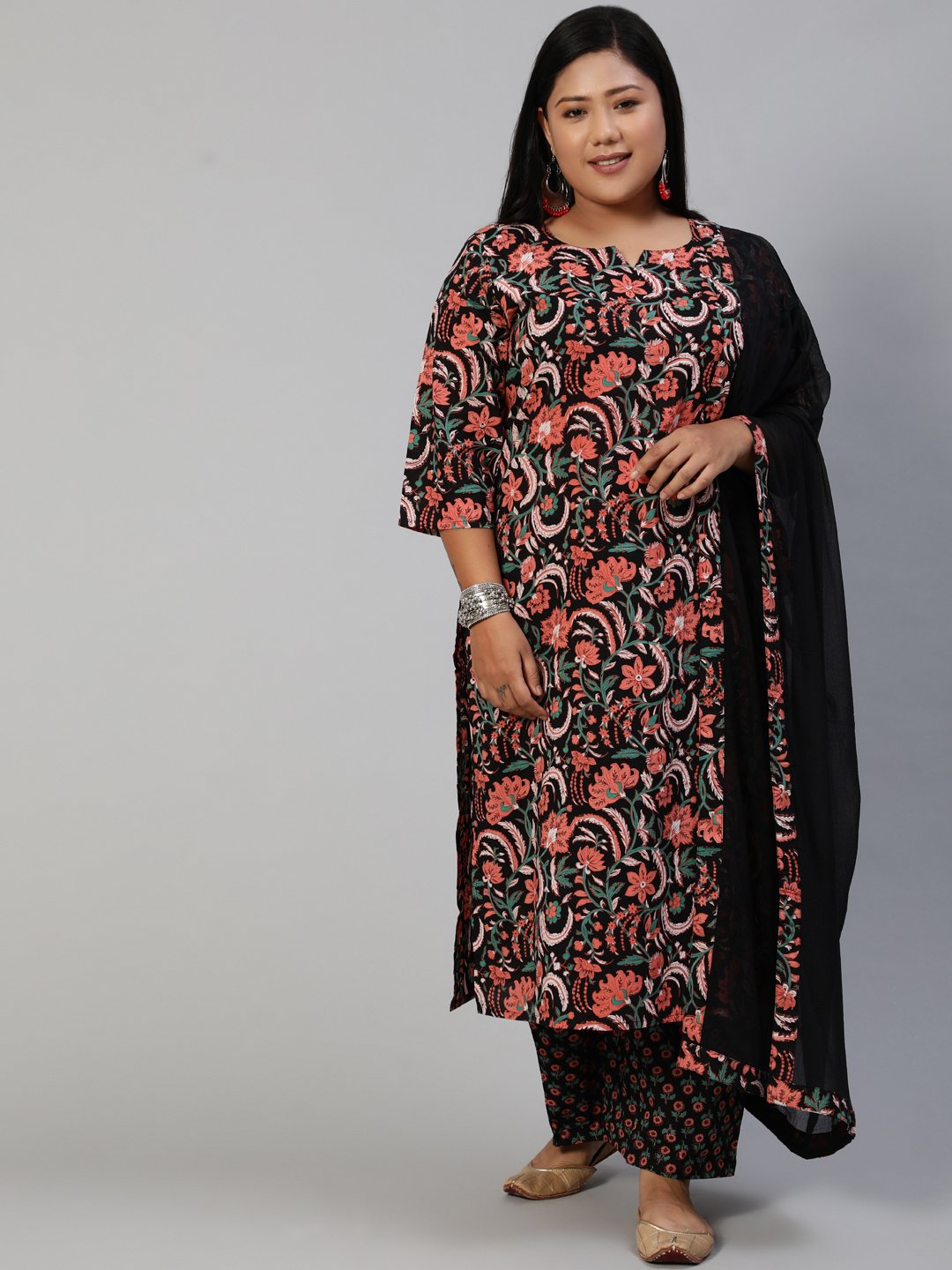 Women Black & Peach Printed Straight Kurta With Plazo & Dupatta | LASVINI - Redefining Indian Fashion with Elegance