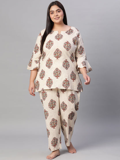 Women Cream Printed Straight Night Dress | LASVINI - Redefining Indian Fashion with Elegance